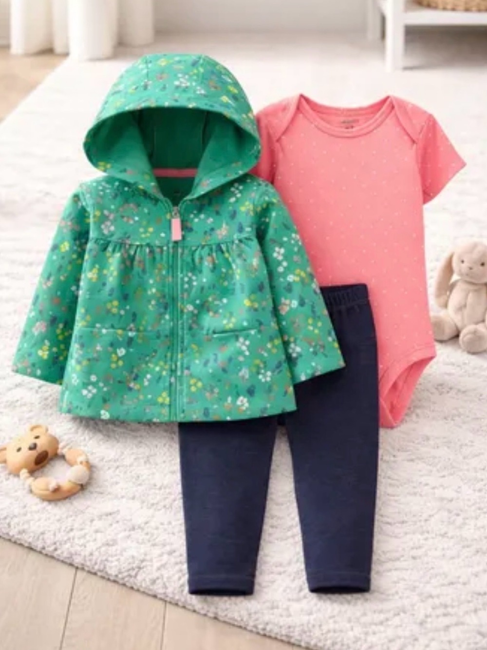 NWT Girls Baby Green Floral Hooded Jacket Set w/ Coral Bodysuit & Navy Leggings